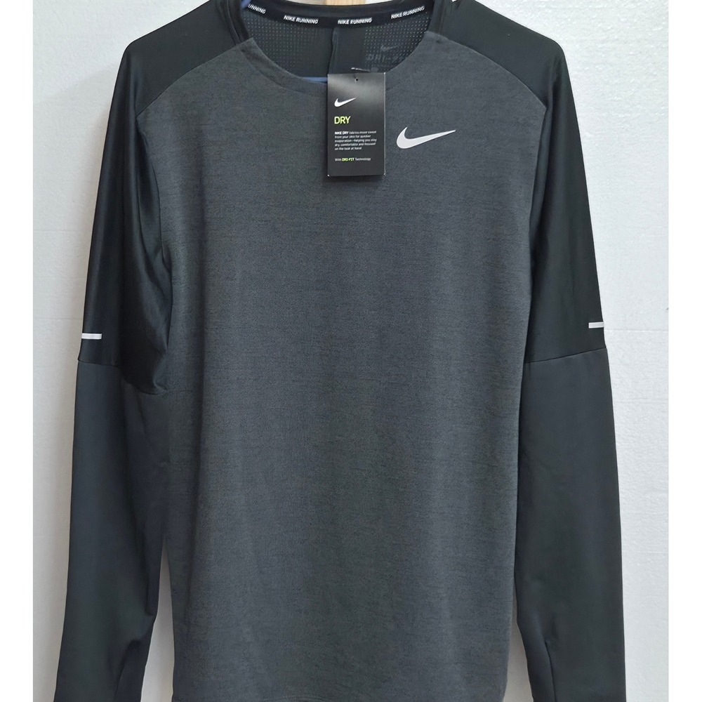 Nike Running Dri-FIT Shirt Long Sleeve Mens Small Grey Black CU6071-070 NEW